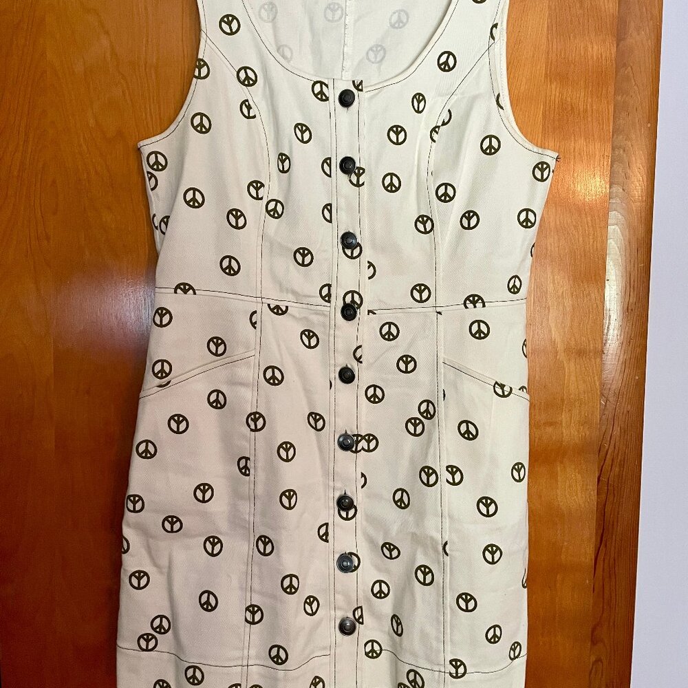 Modcloth white denim mini dress with peace sign print